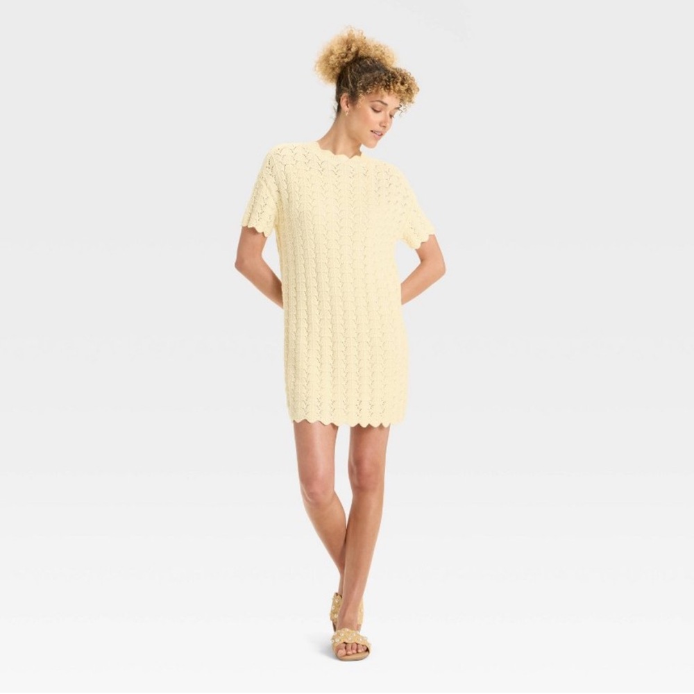 NWT Women's Short Sleeve Pointelle Mini Sweater Dress Crochet Knit Off-White